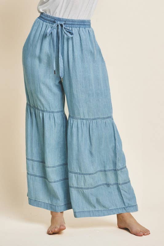 Washed Denim Tiered Wide Leg Pants - Image 4